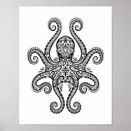 Intricate Black Octopus op wit Poster (Voorkant)