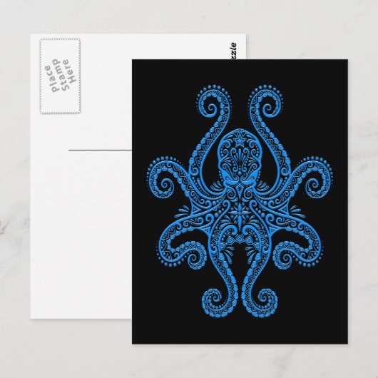 Intricate Blue Octopus op zwart Briefkaart (Voorkant / Achterkant)