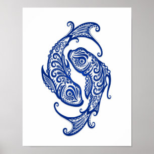 Intricate Blue Pisces Zodiac op White Poster