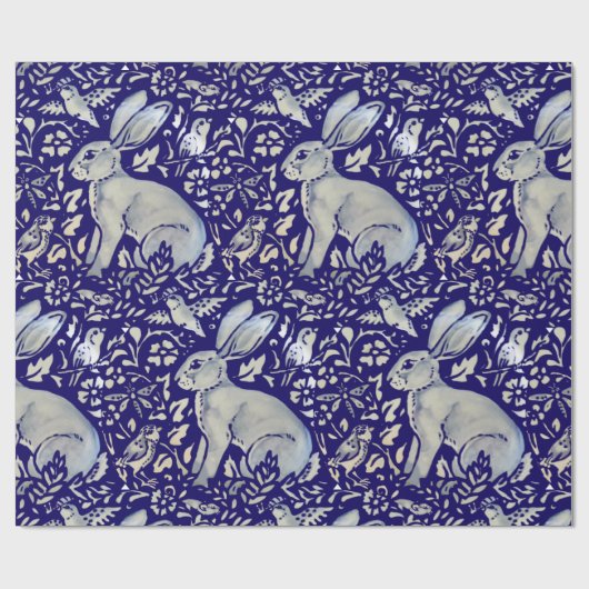 Intricate Blue Rabbit Bird Morris Style Pattern Cadeaupapier (Vlak)