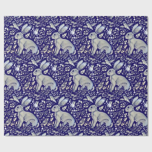 Intricate Blue Rabbit Bird Morris Style Pattern Cadeaupapier (Vlak)