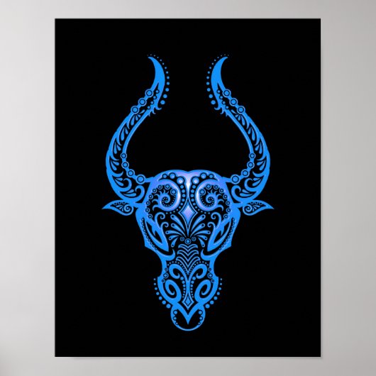 Intricate Blue Taurus Zodiac op zwart Poster (Voorkant)