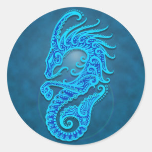 Intricate Blue Tribal Capricorn Ronde Sticker