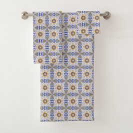 intricate blue, yellow, & white geometric pattern  bad handdoek