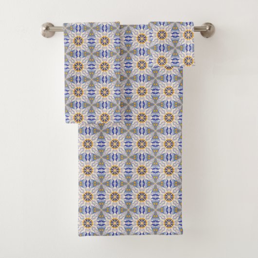 intricate blue, yellow, & white geometric pattern  bad handdoek (Insitu)