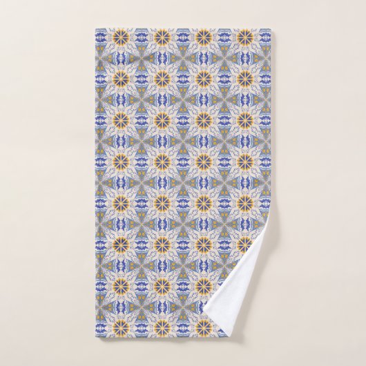 intricate blue, yellow, & white geometric pattern  bad handdoek (Handdoek)