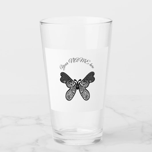 Intricate Boho Mandala Vlinder Zwart en Wit A Glas (Voorkant)