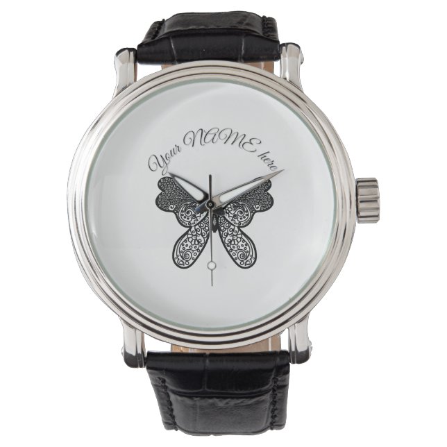 Intricate Boho Mandala Vlinder Zwart en Wit A Horloge (Voorkant)