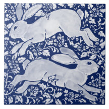 Intricate Dark Blue Rabbit Pair Floral Navy Cobalt
