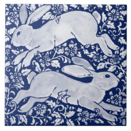 Intricate Dark Blue Rabbit Pair Floral Navy Cobalt Tegeltje