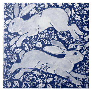 Intricate Dark Blue Rabbit Pair Floral Navy Cobalt Tegeltje