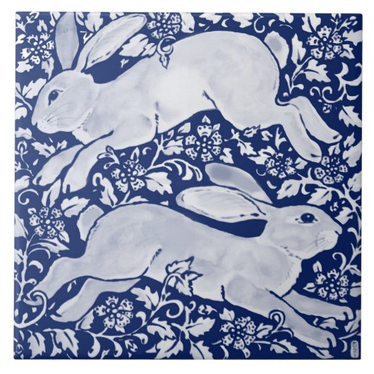 Intricate Dark Blue Rabbit Pair Floral Navy Cobalt Tegeltje (Voorkant)