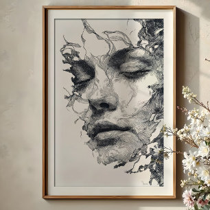 Intricate Dromen: Monochroom Lijnkunst Portret Poster