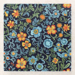 Intricate Floral Art: Blue and Orange Flowers  Glazen Onderzetter<br><div class="desc">Vibrant floral pattern with blue and orange flowers and green leaves on a dark background. Intricate,  lively design with an elegant,  artistic feel.</div>