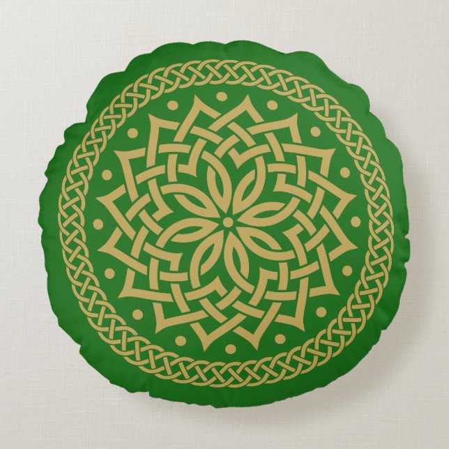 Intricate Gold Celtic Flower Mandala Rond Kussen (Voorkant)