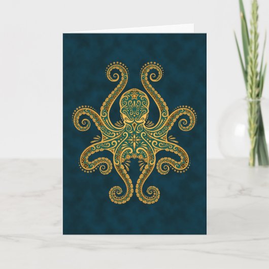 Intricate Golden Blue Octopus Kaart (Voorkant)
