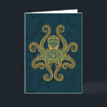 Intricate Golden Blue Octopus Kaart<br><div class="desc">Een ingewikkeld octopusontwerp versierd met goudgele wervelingen en stippen. Het symmetrische patroon heeft alle acht zijn benen uitgestrekt en zijn ogen kijken naar voren. De octopus zit op een diepblauwe achtergrond en creëert een subtiel contrast op het oppervlak van deze kaart. Het lichaam en de armen van de octopus bestaan...</div>