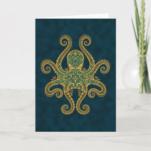 Intricate Golden Blue Octopus Kaart