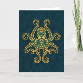 Intricate Golden Blue Octopus Kaart