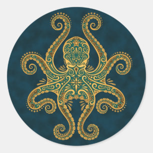 Intricate Golden Blue Octopus Ronde Sticker