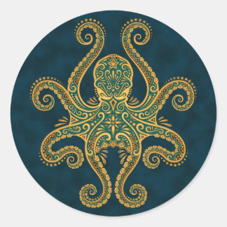 Intricate Golden Blue Octopus Ronde Sticker