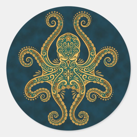 Intricate Golden Blue Octopus Ronde Sticker (Voorkant)