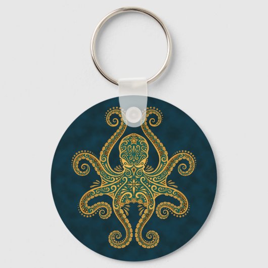 Intricate Golden Blue Octopus Sleutelhanger (Voorkant)