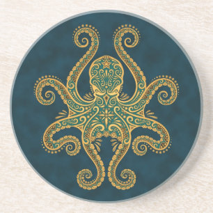 Intricate Golden Blue Octopus Zandsteen Onderzetter