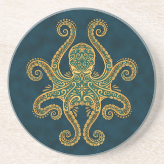 Intricate Golden Blue Octopus Zandsteen Onderzetter