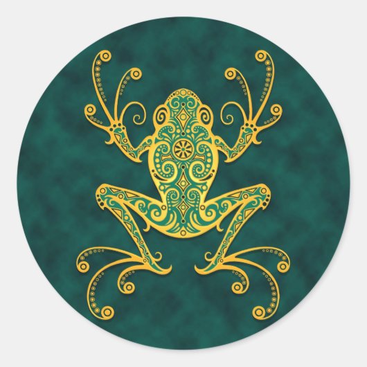 Intricate gouden blauwe boomkikker ronde sticker (Voorkant)