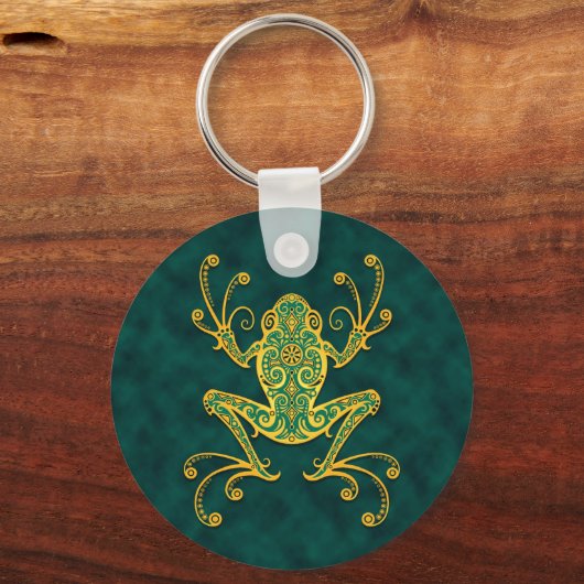 Intricate gouden blauwe boomkikker sleutelhanger (Voorkant)