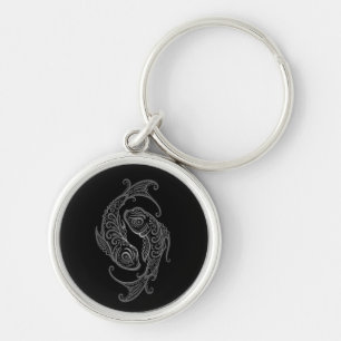 Intricate Gray Pisces Zodiac op Black Sleutelhanger