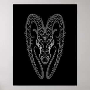 Intricate Grey Aries Zodiac op Black Poster