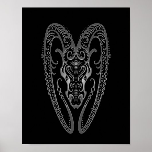 Intricate Grey Aries Zodiac op Black Poster (Voorkant)