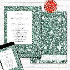 Intricate Leaf Frame on Green Wedding Invitation Kaart