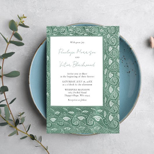 Intricate Leaf Frame on Green Wedding Invitation Kaart