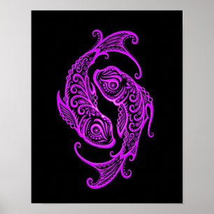 Intricate Paarse Pisces Zodiac op Black Poster