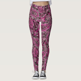 Intricate Paisley in Vibrant Pinks on Black Leggings