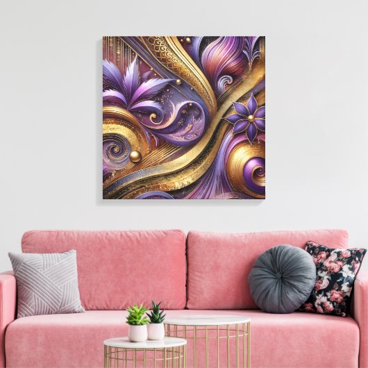 Intricate Purple and Gold Abstract Canvas Art (Insitu (Woonkamer))