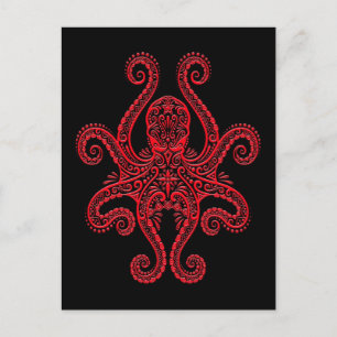 Intricate Red Octopus op zwart Briefkaart