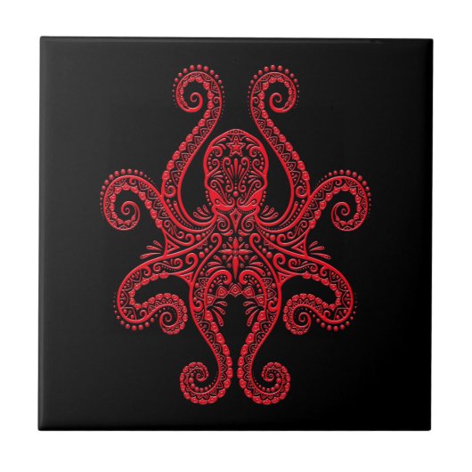Intricate Red Octopus op zwart Tegeltje (Voorkant)