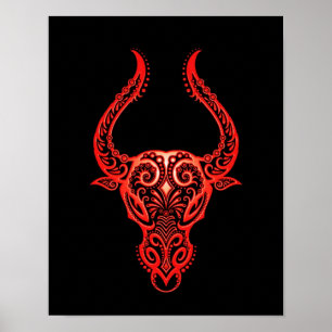 Intricate Red Taurus Zodiac op zwart Poster