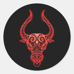 Intricate Red Taurus Zodiac op zwart Ronde Sticker