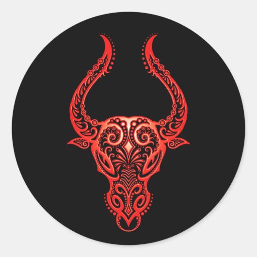 Intricate Red Taurus Zodiac op zwart Ronde Sticker (Voorkant)