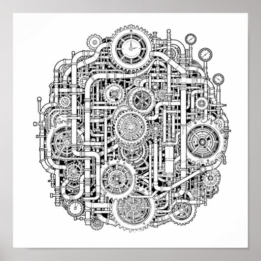 Intricate Steampunk Decoupage Sjabloon Lijnkunst Poster (Voorkant)