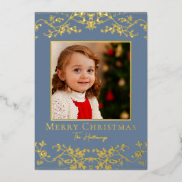 Intricate Vines Blue Gold Foil Holiday Card Folie Feestdagenkaart