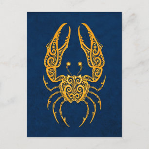 Intricate Yellow Cancer Zodiac op Blue Briefkaart