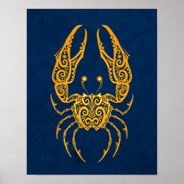Intricate Yellow Cancer Zodiac op Blue Poster