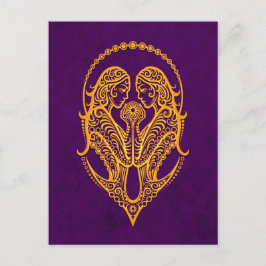 Intricate Yellow Gemini dierentuin op Paars Briefkaart