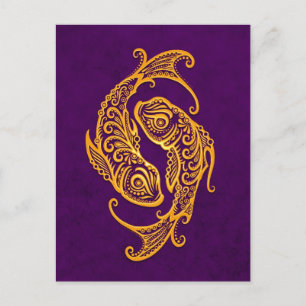 Intricate Yellow Pisces Zodiac op Paars Briefkaart
